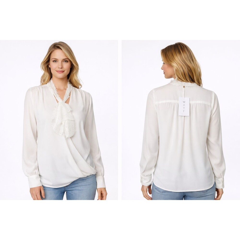 New WAYF Crossover Blouse XS Ivory Lace Detail Bell Sleeve Feminine Top